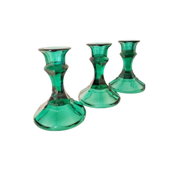 Emerald Green Glass Candlestick Holders – Set of 3 Vintage Taper Candle Holders - Picture 2 of 9